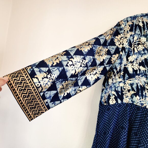 BIBA Kurta Tunic Maxi Dress Women Sz 38 Blue Gold Floral Print V Neck Lined - Picture 8 of 13